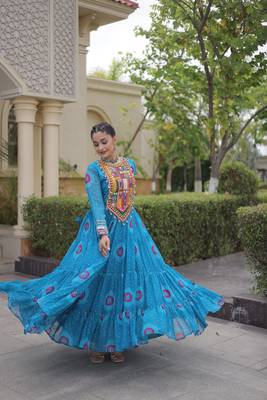 sky blue faux georgette bandhani print anarkali gown with kutchi patchwork | fully stitched navratri wear 3