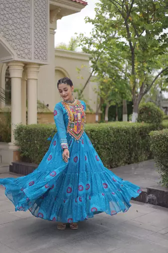sky blue faux georgette bandhani print anarkali gown with kutchi patchwork | fully stitched navratri wear