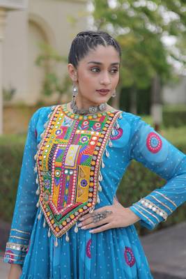 sky blue faux georgette bandhani print anarkali gown with kutchi patchwork | fully stitched navratri wear 5