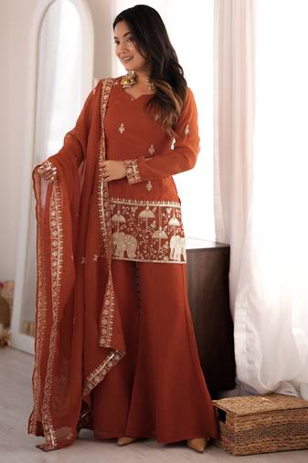 Rust crunchy silk embroidered kurta with bell bottom pants & dupatta set | fully stitched festive wear