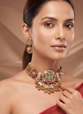 Gold plated mint green stone choker necklace set 1