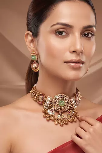 Gold plated mint green stone choker necklace set