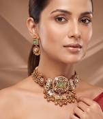 Gold plated mint green stone choker necklace set