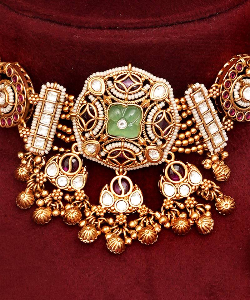 Gold plated mint green stone choker necklace set
