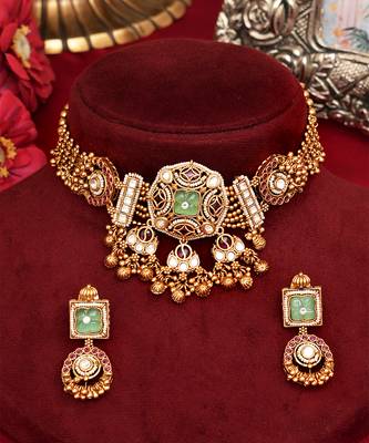 Gold plated mint green stone choker necklace set 3