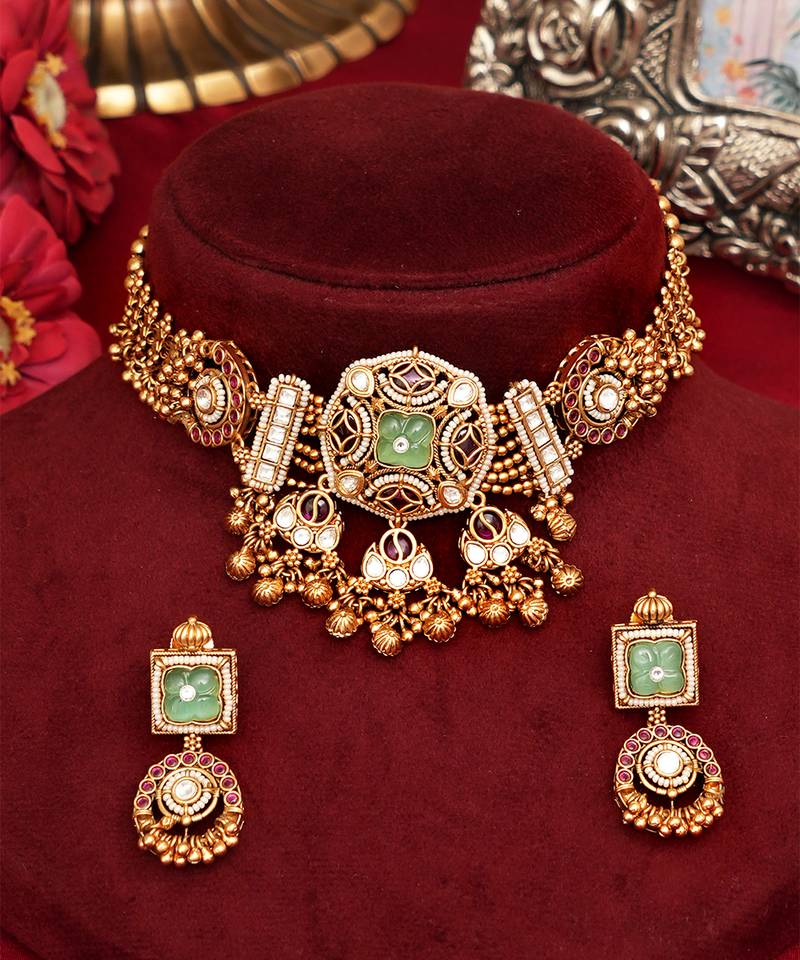 Gold plated mint green stone choker necklace set