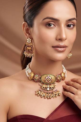 Gold plated multicolor ethnic choker necklace set