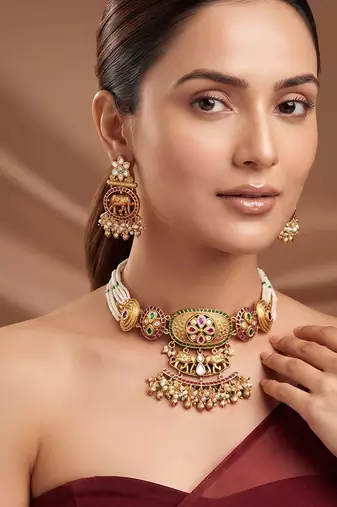 Gold plated multicolor ethnic choker necklace set