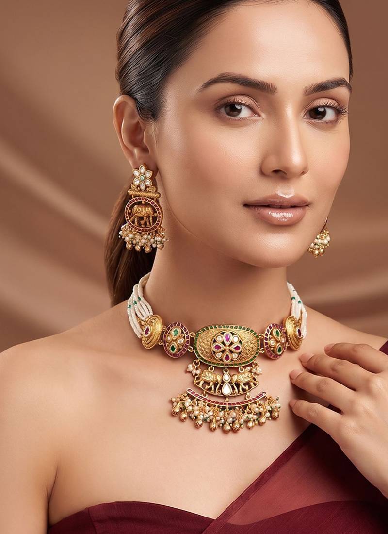 Gold plated multicolor ethnic choker necklace set