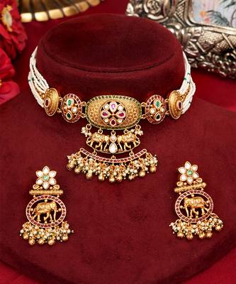 Gold plated multicolor ethnic choker necklace set 3