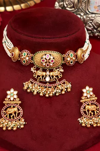 Gold plated multicolor ethnic choker necklace set
