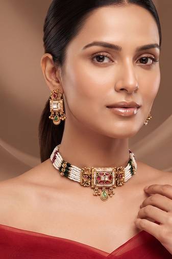 Gold plated multicolor heritage choker necklace set