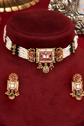 Gold plated multicolor heritage choker necklace set