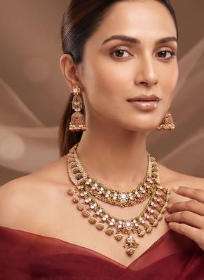 Gold plated kundan polki double layered necklace set 1