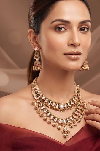 Gold plated kundan polki double layered necklace set