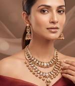 Gold plated kundan polki double layered necklace set
