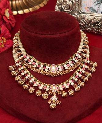Gold plated kundan polki double layered necklace set 2