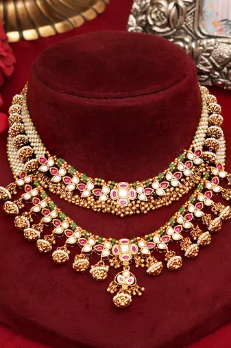 Gold plated kundan polki double layered necklace set