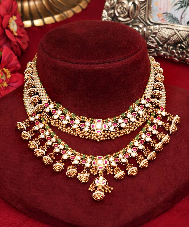 Gold plated kundan polki double layered necklace set