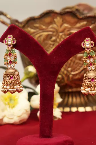 Gold plated kundan polki double layered necklace set