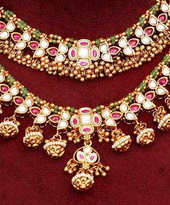 Gold plated kundan polki double layered necklace set 4