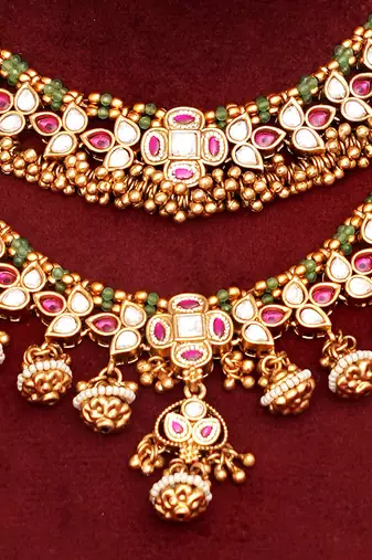 Gold plated kundan polki double layered necklace set