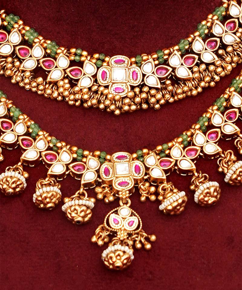 Gold plated kundan polki double layered necklace set