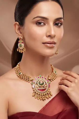 Gold plated multicolor stones royal necklace set