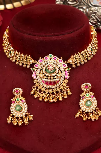 Gold plated multicolor stones royal necklace set