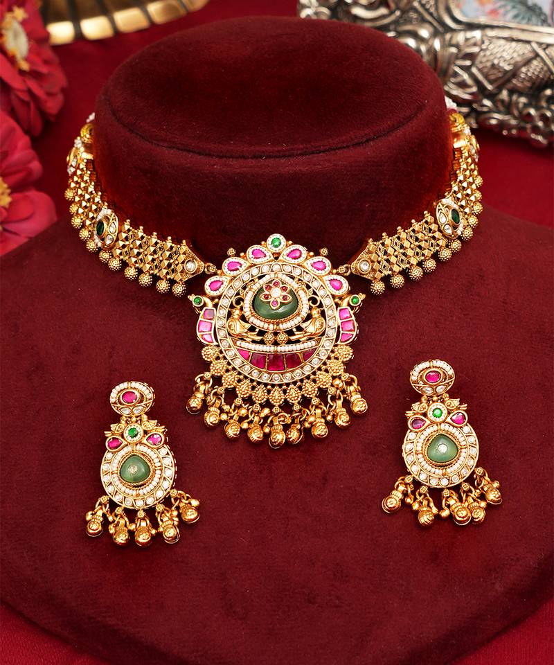Gold plated multicolor stones royal necklace set