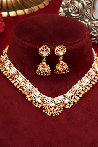 Gold plated multicolor stones heritage necklace set