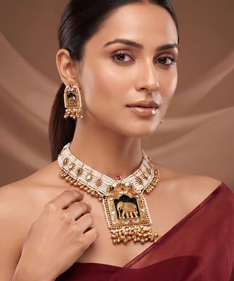 Gold plated elephant pendant choker necklace set 1