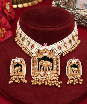 Gold plated elephant pendant choker necklace set 2