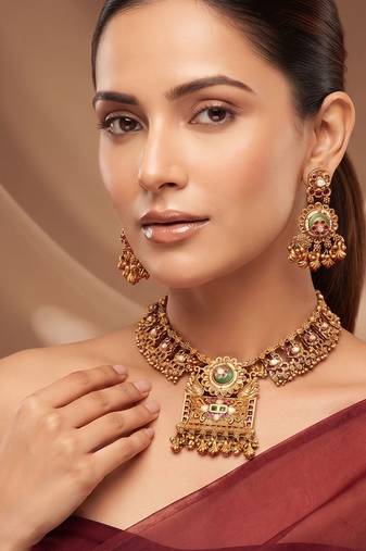 Gold plated green stones royal choker necklace set