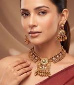 Gold plated green stones royal choker necklace set