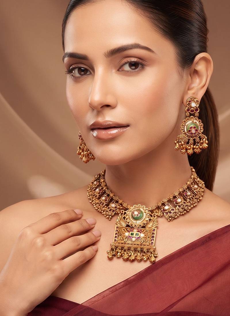 Gold plated green stones royal choker necklace set