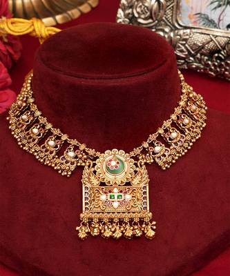 Gold plated green stones royal choker necklace set 2