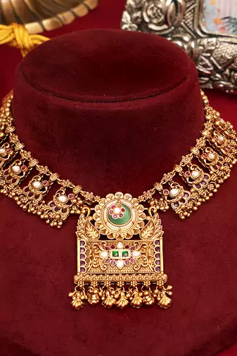 Gold plated green stones royal choker necklace set