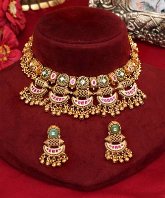 Gold plated pink and green stones choker necklace set 1
