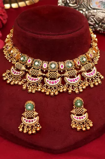 Gold plated pink and green stones choker necklace set