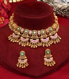 Gold plated pink and green stones choker necklace set