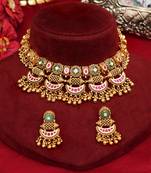 Gold plated pink and green stones choker necklace set