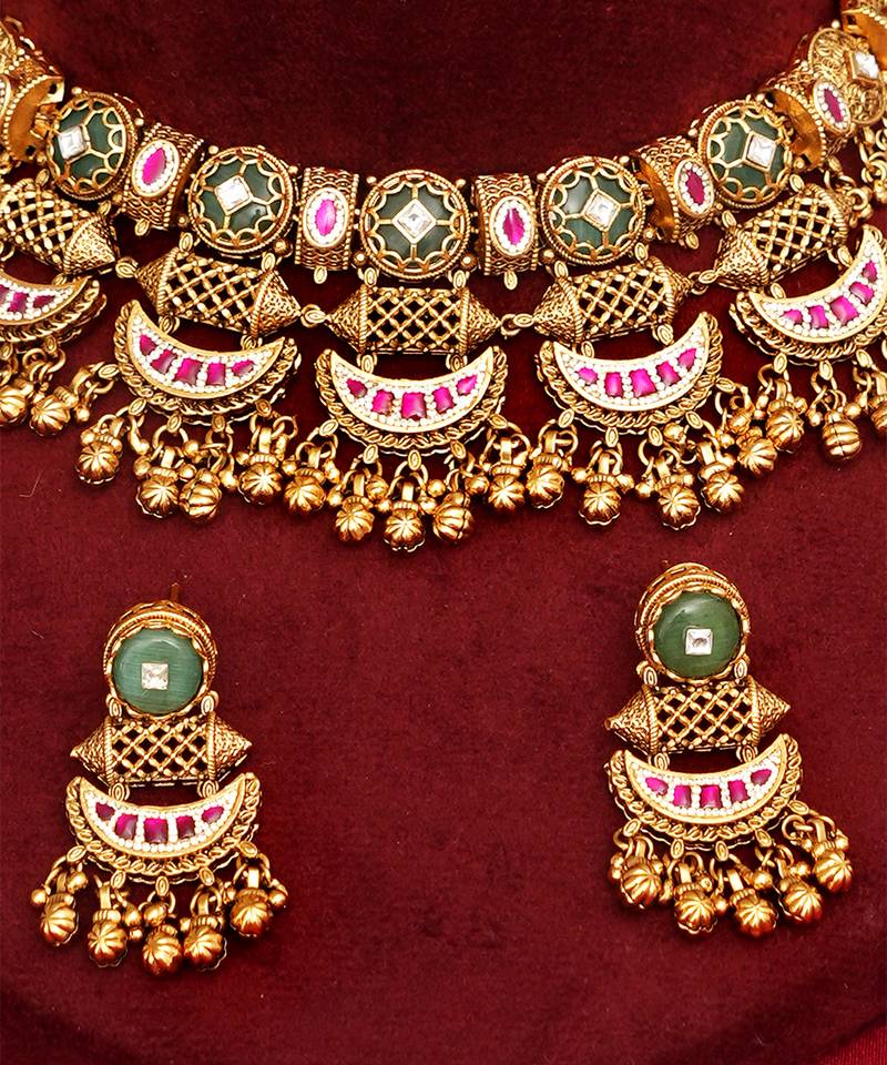 Gold plated pink and green stones choker necklace set