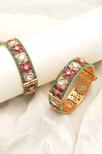 Gold plated multicolor beaded heritage bangles set