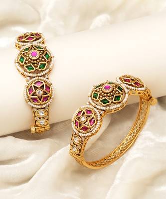 Gold plated multicolor royal kundan bangles set 2