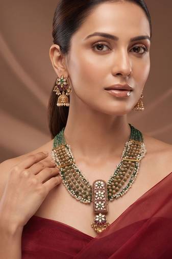 Antique gold plated green beaded long necklace set