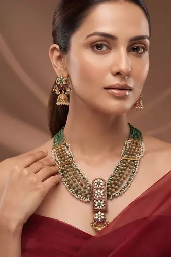 Antique gold plated green beaded long necklace set