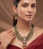 Antique gold plated green beaded long necklace set
