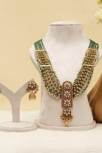 Antique gold plated green beaded long necklace set