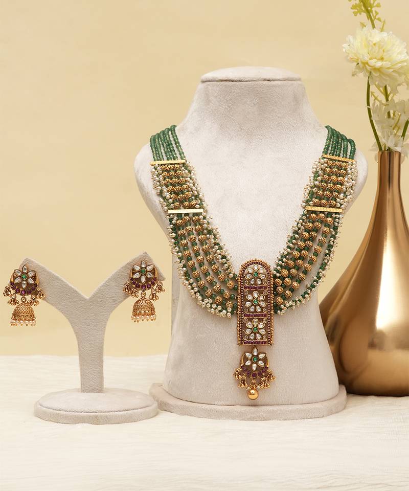 Antique gold plated green beaded long necklace set